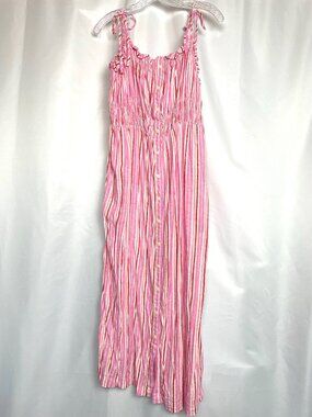Romantic Coastal Candy Striper Pink & Red Linen Blend Smocked Midi Dress XXL